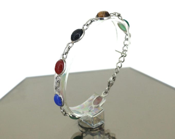 Vintage Egyptian Revival carnelian Lapis Gemstones Link Bracelet 925 Sterling BR 2762