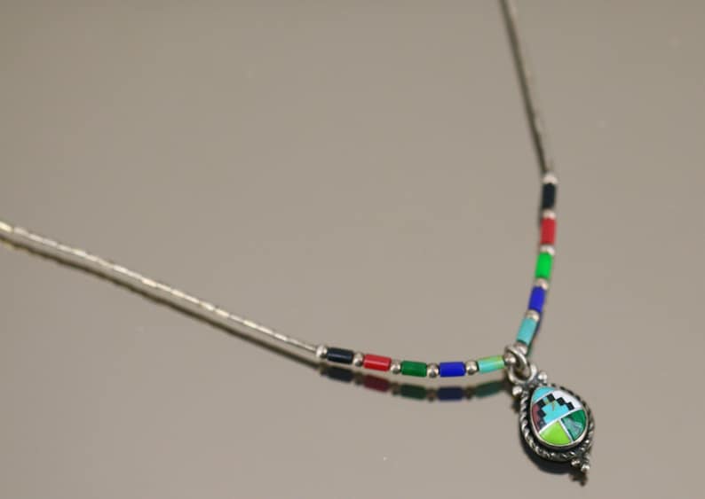 Vintage 16 Inch Navajo Multi Color Multi Stone Beaded Design Chain Necklace 925 Sterling NC 828 image 1