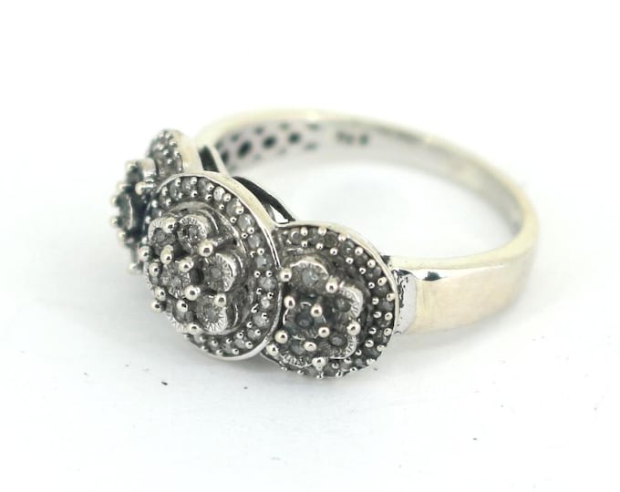 Vintage Size 6.75 Three Stone Natural Diamonds Design Ring 925 Sterling Silver RG 4620