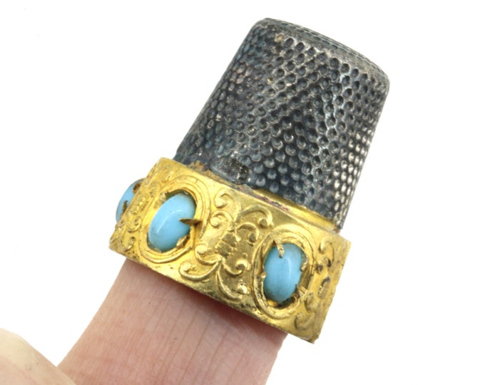 Italy Trimble With Gold Vermeil Band & 5 Blue Coral Stones 800 Silver OT 402