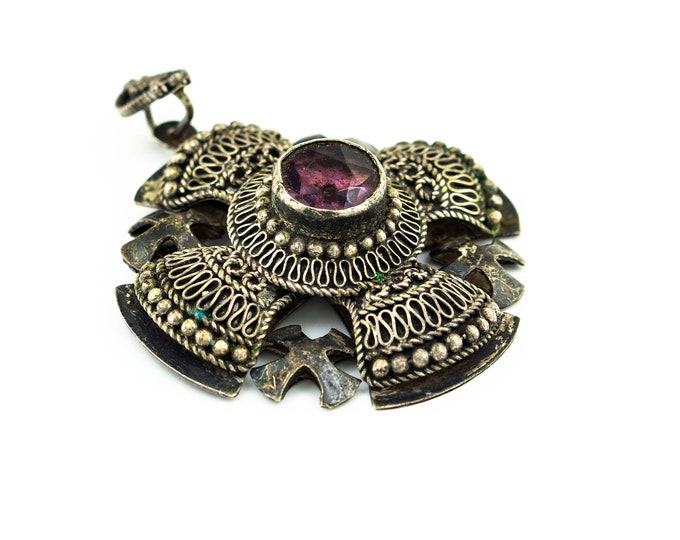 Jerusalem Cross Shape Purple Amethyst Design Large Twisted Wires & Beads Textured Beautiful Pendant for Women 925 Sterling Silver PD 248Q