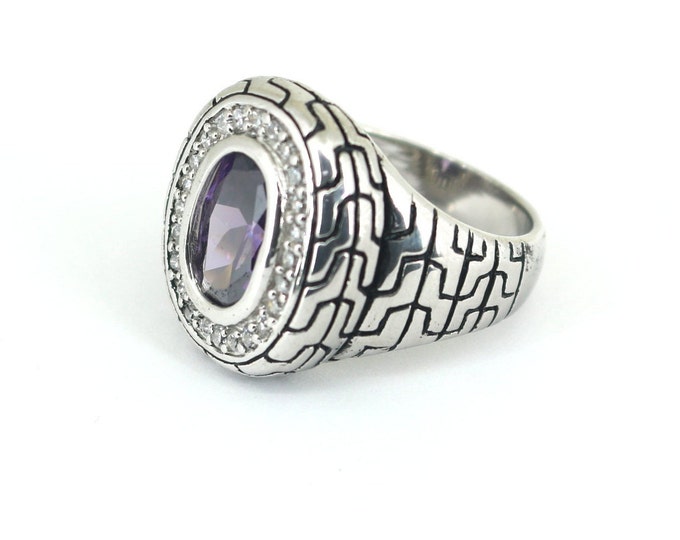 Vintage Size 8,9 Men's Large Oval Inlaid Purple& Clear CZ Jasper Ring 925 Sterling RG 4513
