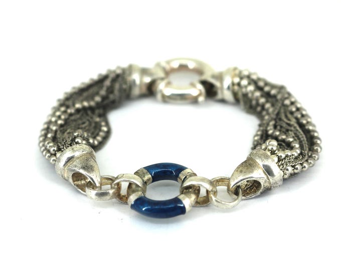 Vintage Mesh Blue Enamel Design Link Bracelet 925 Sterling BR 3977