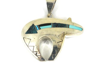 Vintage Navajo Bear Turquoise Large Native American Design Pendant 925 Sterling PD 002