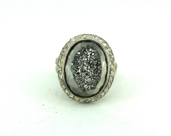 Vintage Size 9 Charcoal Gray Druzy Ring 925 Sterling  Silver Ring RG 1130