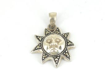 Vintage Round Sun Face Marcasite Stones Design Pendant 925 Sterling  PD 2886