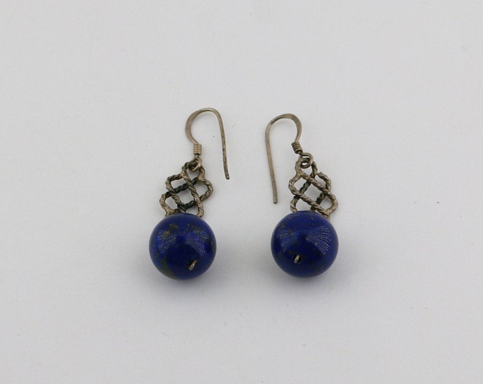 Vintage Round Deep Blue Lapis Lazuli Stone Bead Drop Dangle Earrings Sterling Silver 925 ER 868U