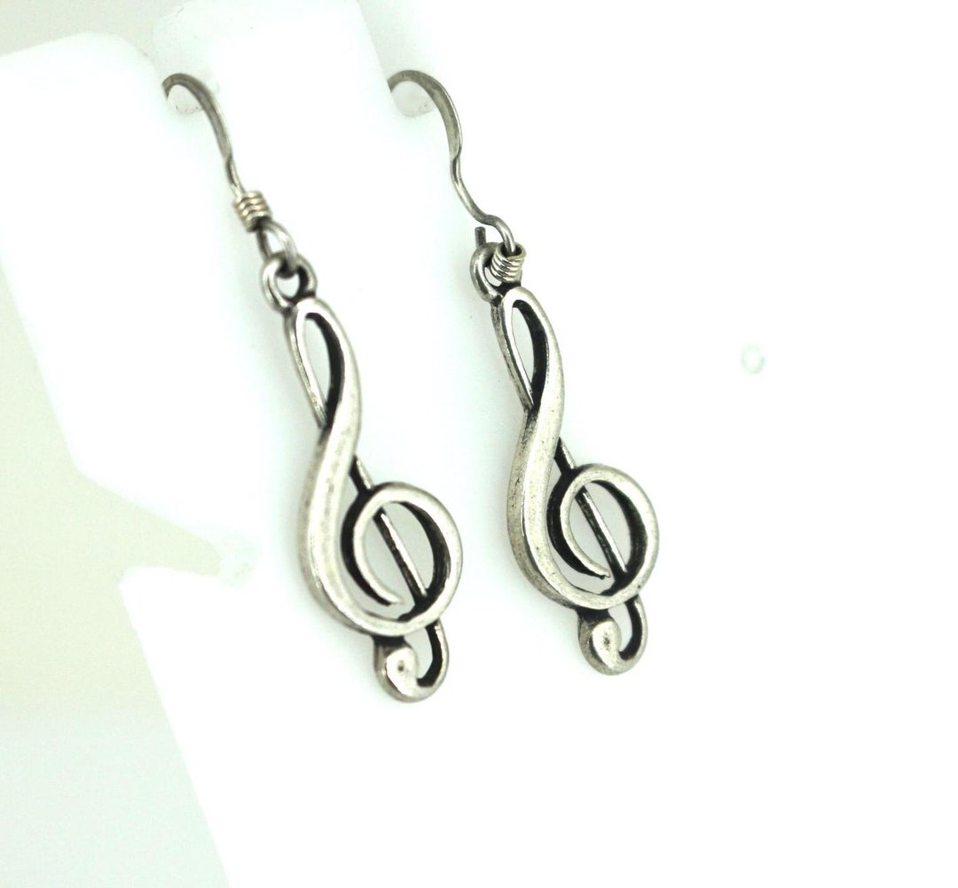 Vintage Treble Clef Music Note Drop Dangle Earrings 925 Sterling Silver ...