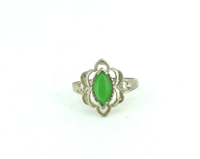 Vintage Size 7.25 Green Cats Eye Stone Ring 925 Sterling Silver Rg 406