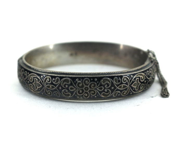 Vintage Floral Black Enamel Bangle Bracelet Sterling Silver Br 3890