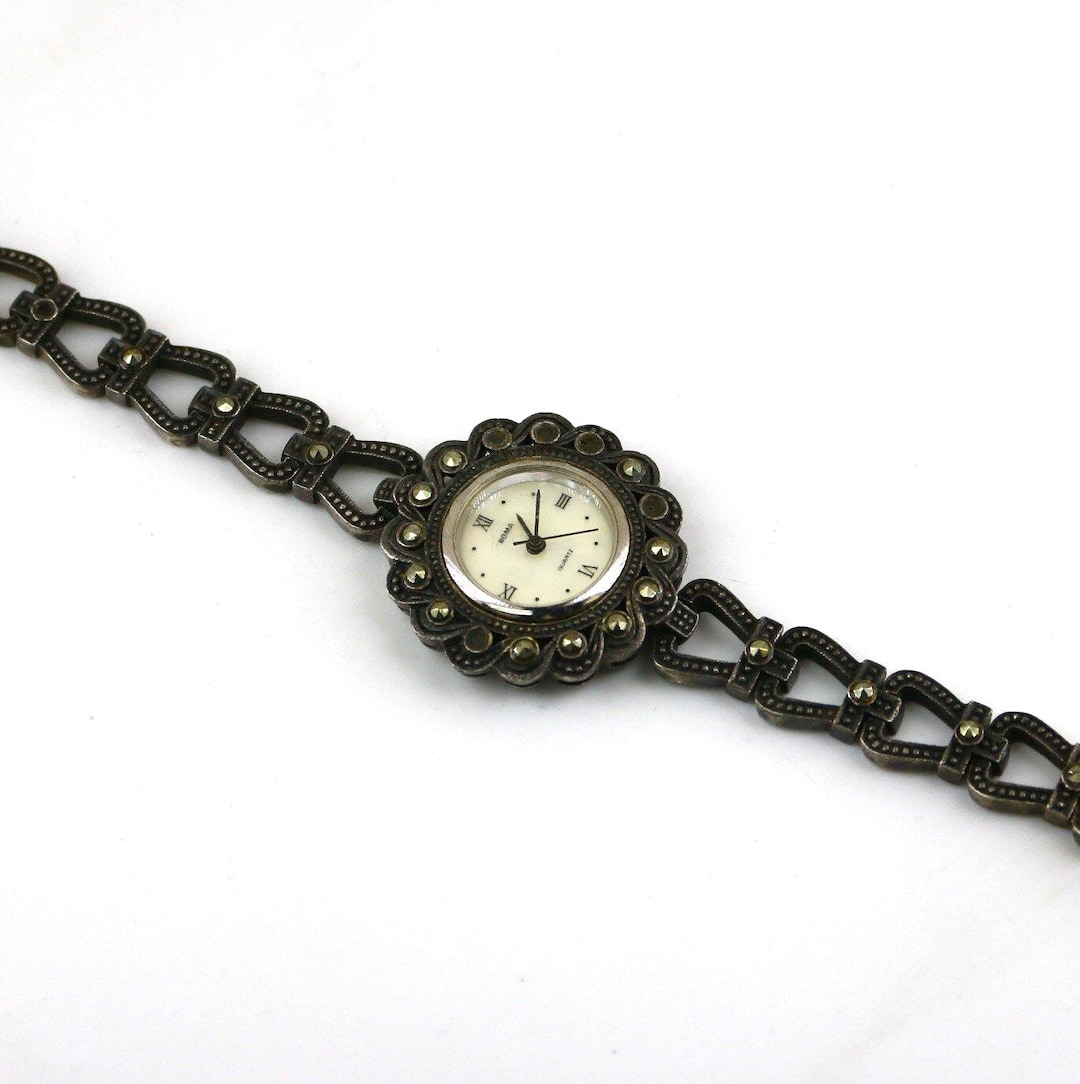 Vintage Boma Flower Floral Elegant Links Marcasite Stones Quartz