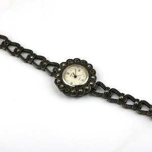 Orologio al quarzo vintage Boma Flower Floral Elegant Links con pietre di marcasite, in argento sterling 925 OT 267F