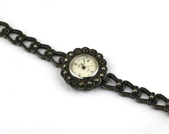 Vintage Boma Flower Floral Elegant Links Marcasite Stones Quartz Watch 925 Sterling Silver OT 267F