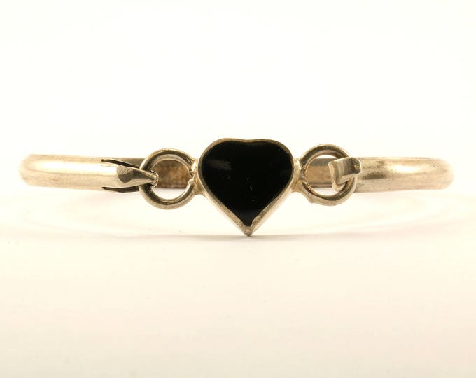 Vintage Heart Shape Tag Onyx Bangle Bracelet Sterling Silver BR 3033