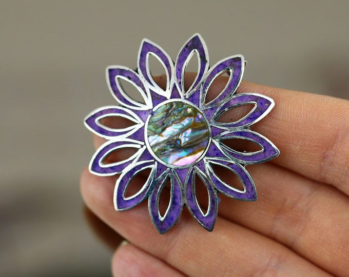 Vintage Purple Flower Abalone Shell Design Brooch Sterling 925 BB 344