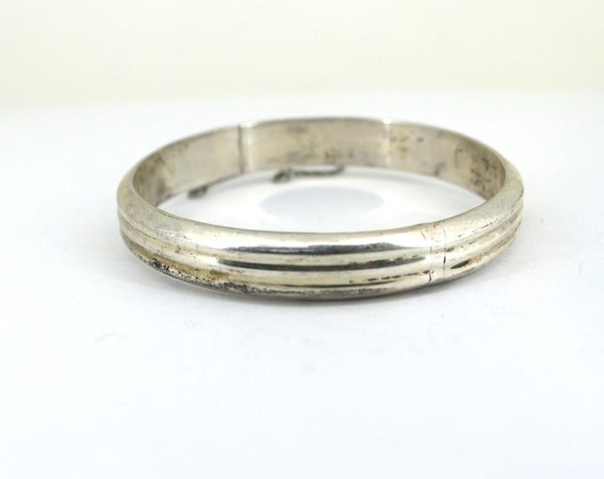 925 Sterling Vintage Ribbed W/safety Chain Bangle Bracelet Br 993(273790042877)