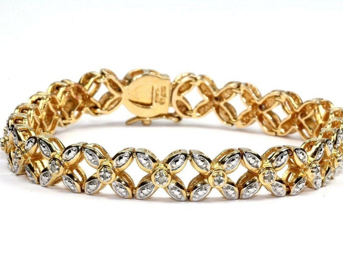 Vintage Four Petals Flower Crystals Tennis Bracelet 925 Sterling Br 230(123720997430)