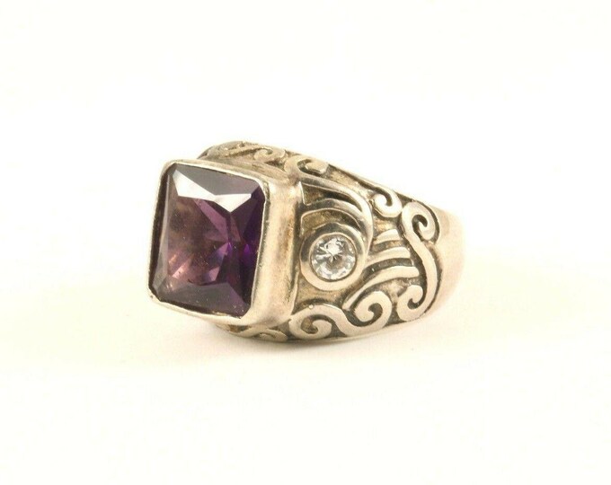 Vintage Size 9 Large Purple Crystal Scroll Ring 925 Sterling Silver Rg 3834