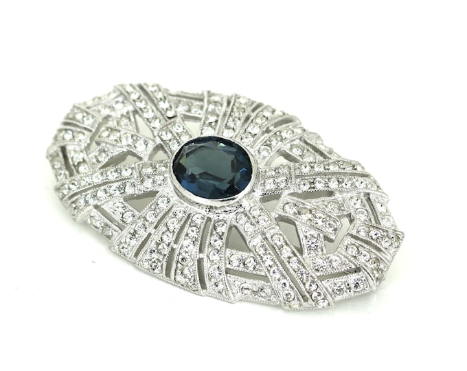 Vintage Oval White & Blue Topaz CZ Brooch Sterling Silver 925 BB 002