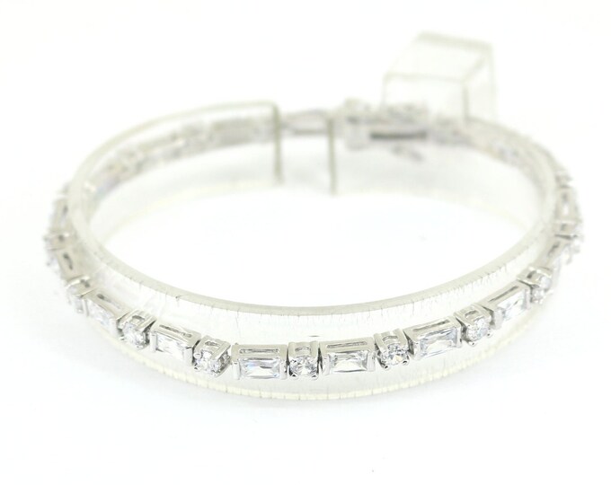 Vintage Thin Sparkling Crystals CZ Design Chain Tennis Bracelet 925 Sterling Silver BR 1039