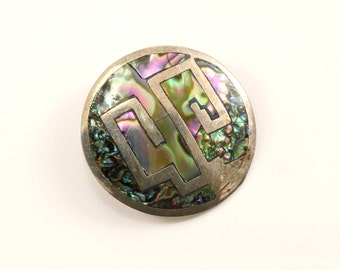 Vintage Mexico Aztec Design Abalone Pendant 925 Sterling  PD 1270