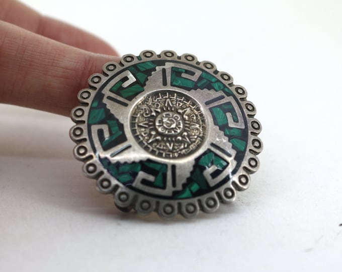 Vintage Mexico Malachite Inlay Brooch Sterling Silver 925 BB 1858