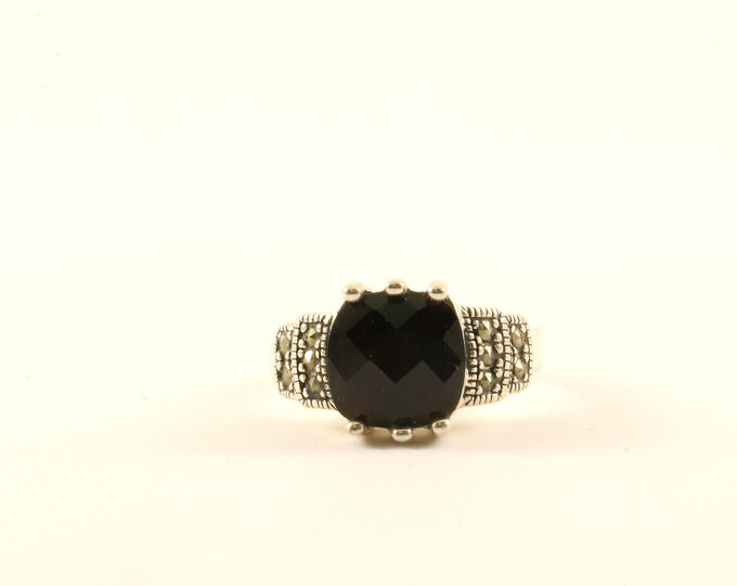 Vintage Cushion Cut Deep Brown Crystal Marcasite Design Ring 925 Sterling Silver RG 4299