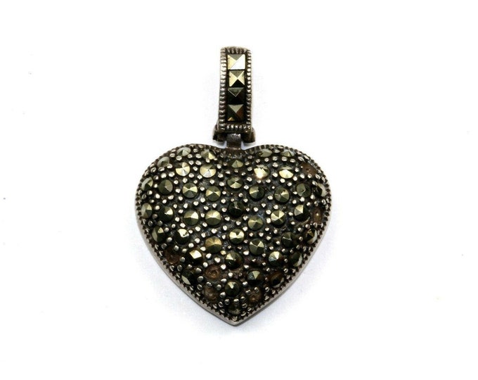 Vintage Marcasite Inlay Heart Shaped Pendant 1.25 In 925 Sterling Pd 48(401754705044)