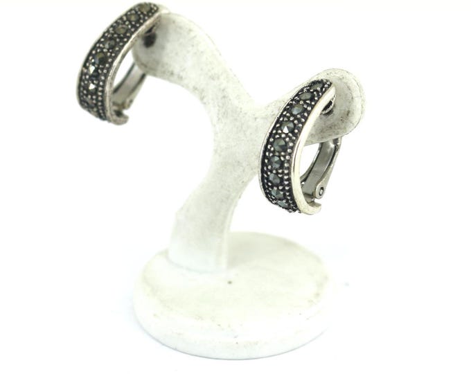Vintage Shiny Marcasite Stones Scroll Oval Long Circle Hoop Thailand Design Earrings Sterling 925 ER 646