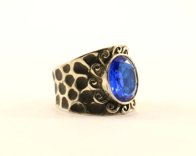 Vintage Size 6.75 Large Oval Sapphire Color Crystal Ring 925 Sterling RG 3267