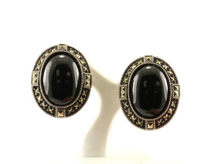 Vintage Judith Jack Oval Onyx Marcasite French Back Earrings 925 Sterling Silver ER 681