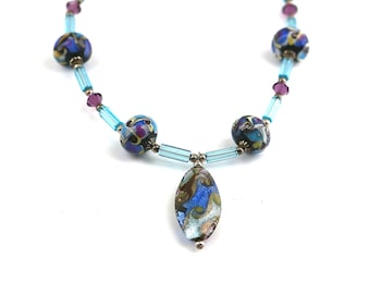 Vintage Murano Glass Necklace Ocean Blue CZ Crystals Sterling Silver NC 010