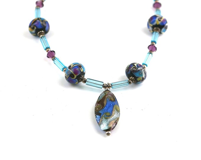 Vintage Italy Murano Glass Ocean Blue Color Shiny Crystals CZ Beads Beaded Design Necklace 925 Sterling Silver NC 1893