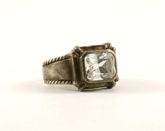 Vintage Rectangle Clear Crystal Bar Design Ring 925 Sterling Silver Rg 4192