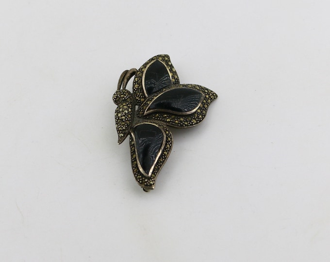 Vintage Beautiful Butterfly Black Onyx Marcasite Stones Design Brooch Sterling Silver 925 BB 1437K