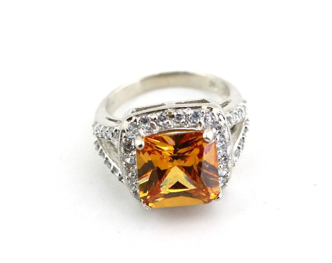 Vintage Radiant Cut Orange Crystal Ring, 925 Sterling Silver, Size 8 RG 4409