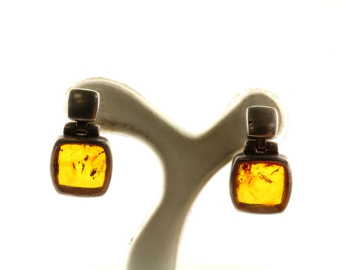 Vintage Cushion Shape Amber Stud Earrings 925 Sterling Silver ER 677