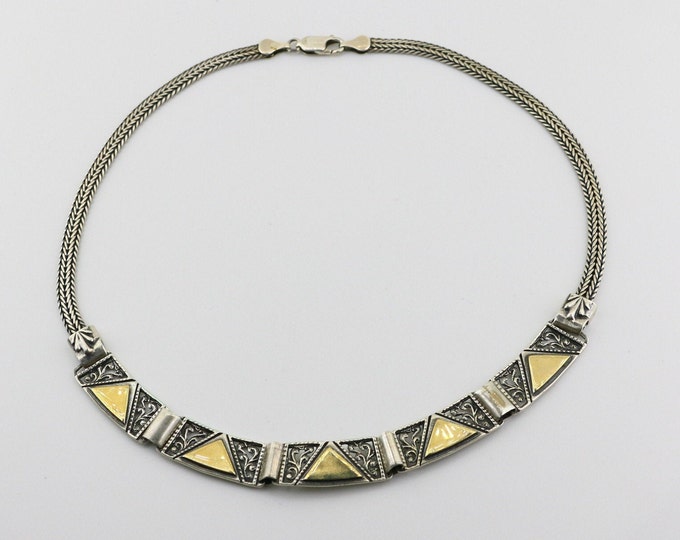 Vintage Shiny Flat Rectangle Bars Links With 14 k Yellow Gold Short Chain Royal Design Necklace 925 Sterling Silver NC 79