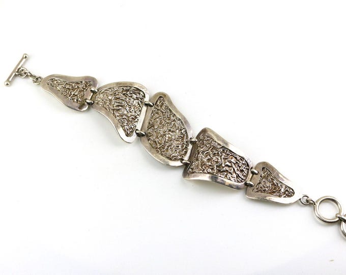 Vintage Indonesia Hammered Abstract Square Bars Modern Stylish Design Chain Link Bracelet 925 Sterling Silver BR 871