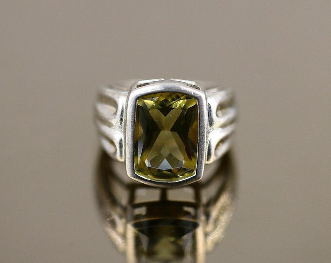 Vintage Large Yellow Rectangle Shape Sparkling Crystal CZ Design Ring 925 Sterling Silver Size 6 RG 4394