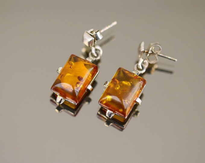 Vintage Beautiful Rectangle Bar Natural Amber Design Stud Earrings Sterling Silver 925 ER 1534