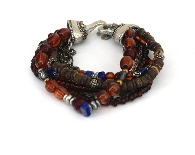 Vintage Chico's Bead Beaded Bali Design Brown Bracelet 925 Sterling Silver Br 658