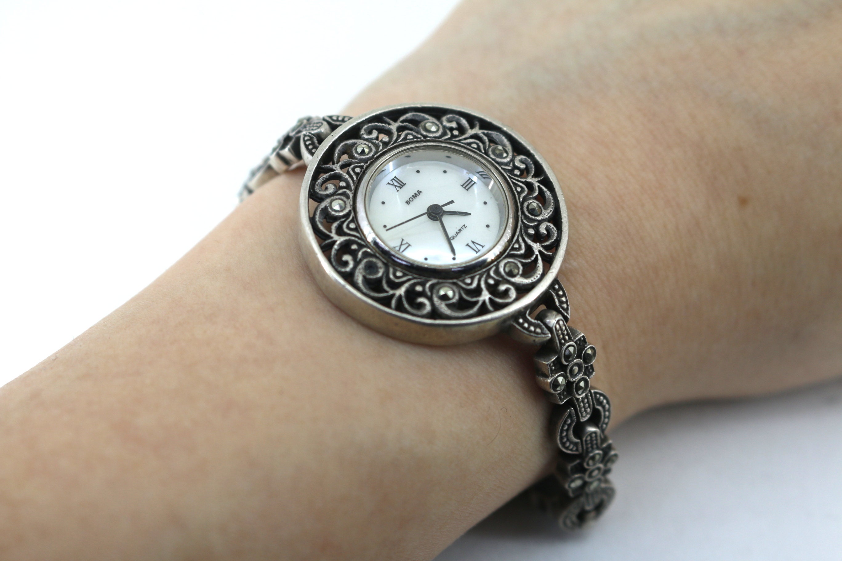 Vintage Boma Scroll Marcasite Stones Small Wrist Quartz Watch 925
