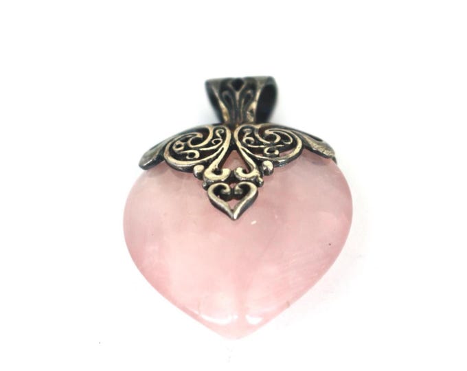 Vintage Genuine Rose Quartz Heart Pendant 925 Sterling Silver PD 001