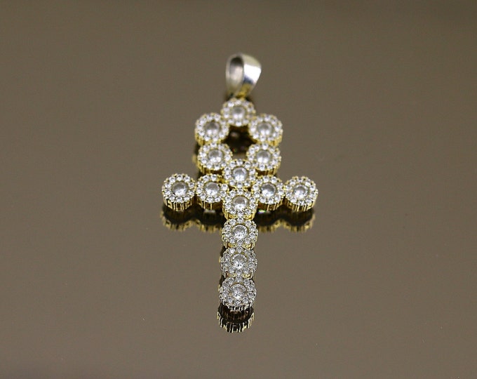 Vintage Shiny White Crystals CZ Egyptian Ankh Shape Pendant 925 Sterling PD 2789