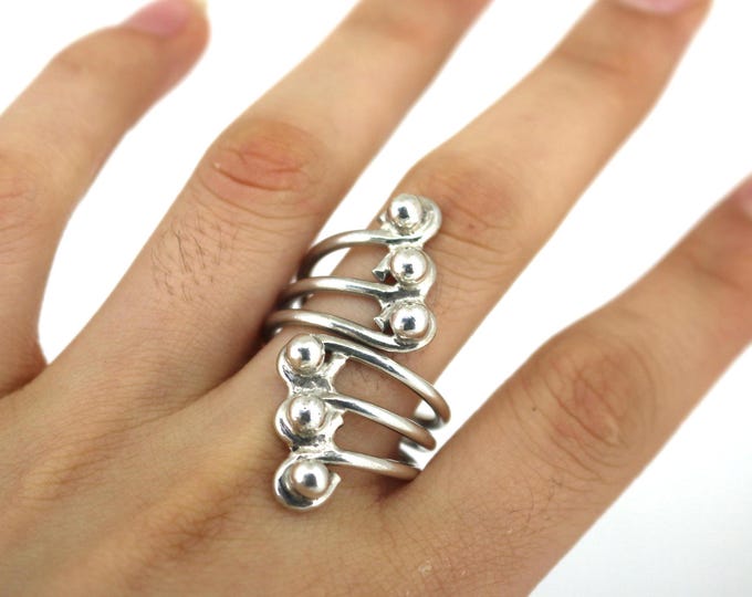 Vintage Overlap Large Beads Beaded Open Geometry Ring 925 Sterling Silver Size 9.5 RG 4179