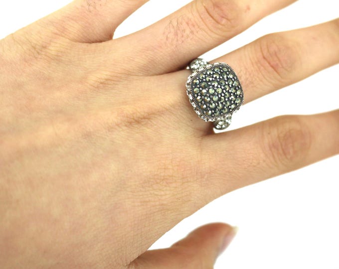 Vintage Cushion Shape Marcasite Crystals CZ Design Ring 925 Sterling Silver RG 4286