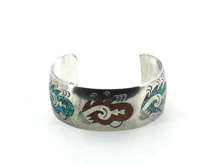 Vintage Navajo Turquoise & Coral  Chip Inlay Cuff Bracelet Sterling Silver Br 1295