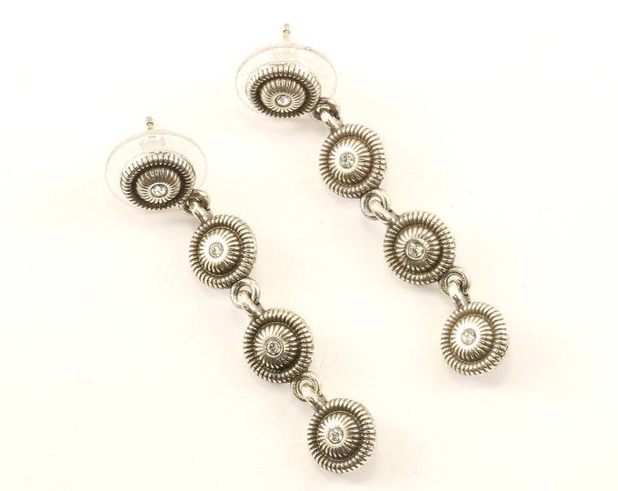 Vintage Round Beaded Circle Crystal Drop Dangle Earrings 925 Sterling Silver ER 308