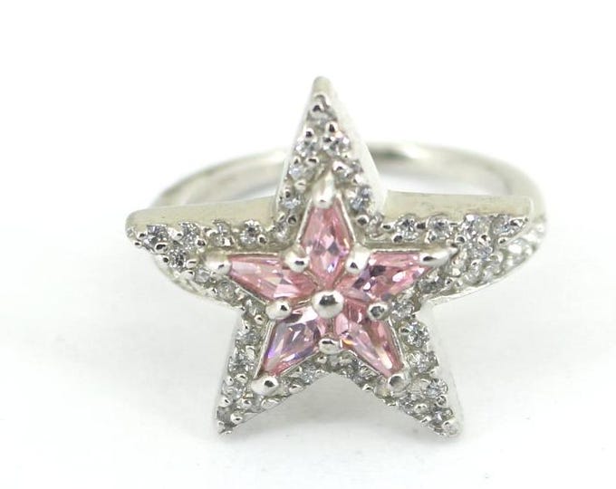 Vintage Size 7 Star Shape Inlaid Pink Crystal CZ Design Ring 925 Sterling Silver RG 3412